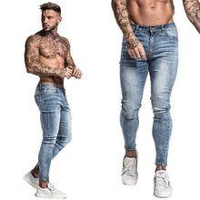 Load image into Gallery viewer, GINGTTO Jeans Men Elastic Waist Skinny Jeans Men 2020 Stretch Ripped Pants Streetwear Mens Denim Jeans Blue
