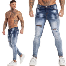 Load image into Gallery viewer, GINGTTO Jeans Men Elastic Waist Skinny Jeans Men 2020 Stretch Ripped Pants Streetwear Mens Denim Jeans Blue
